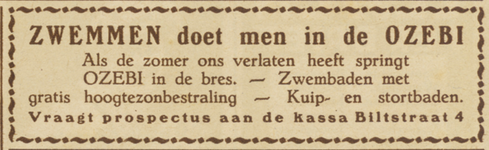 717223 Advertentie van de zweminrichting OZEBI, Biltstraat 4 te Utrecht.